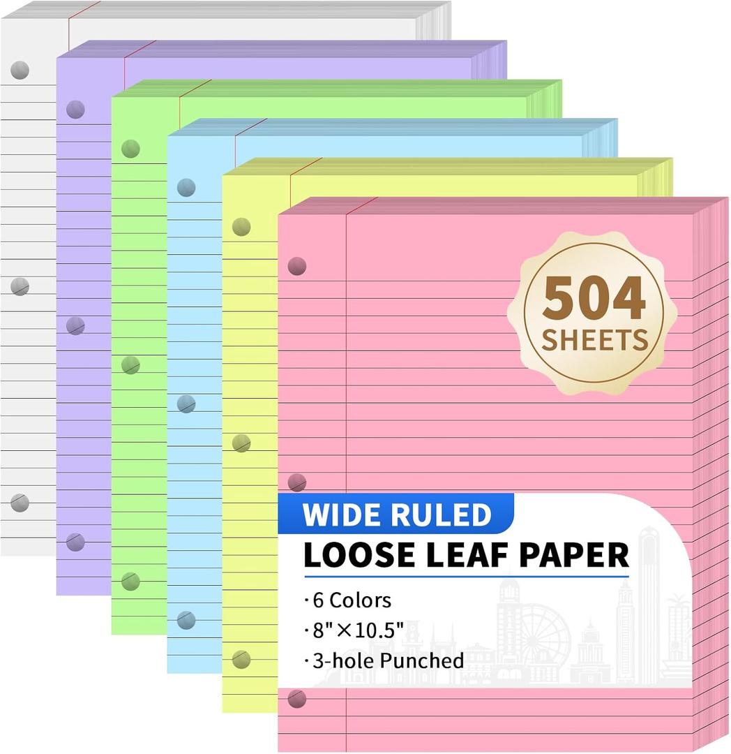 504 Sheets Loose Leaf Binder Paper, 6-Color Wide Ruled Lined Papers, 8 x 10.5, 3-Hole Punched Notebook Paper Writing Papers for School Office