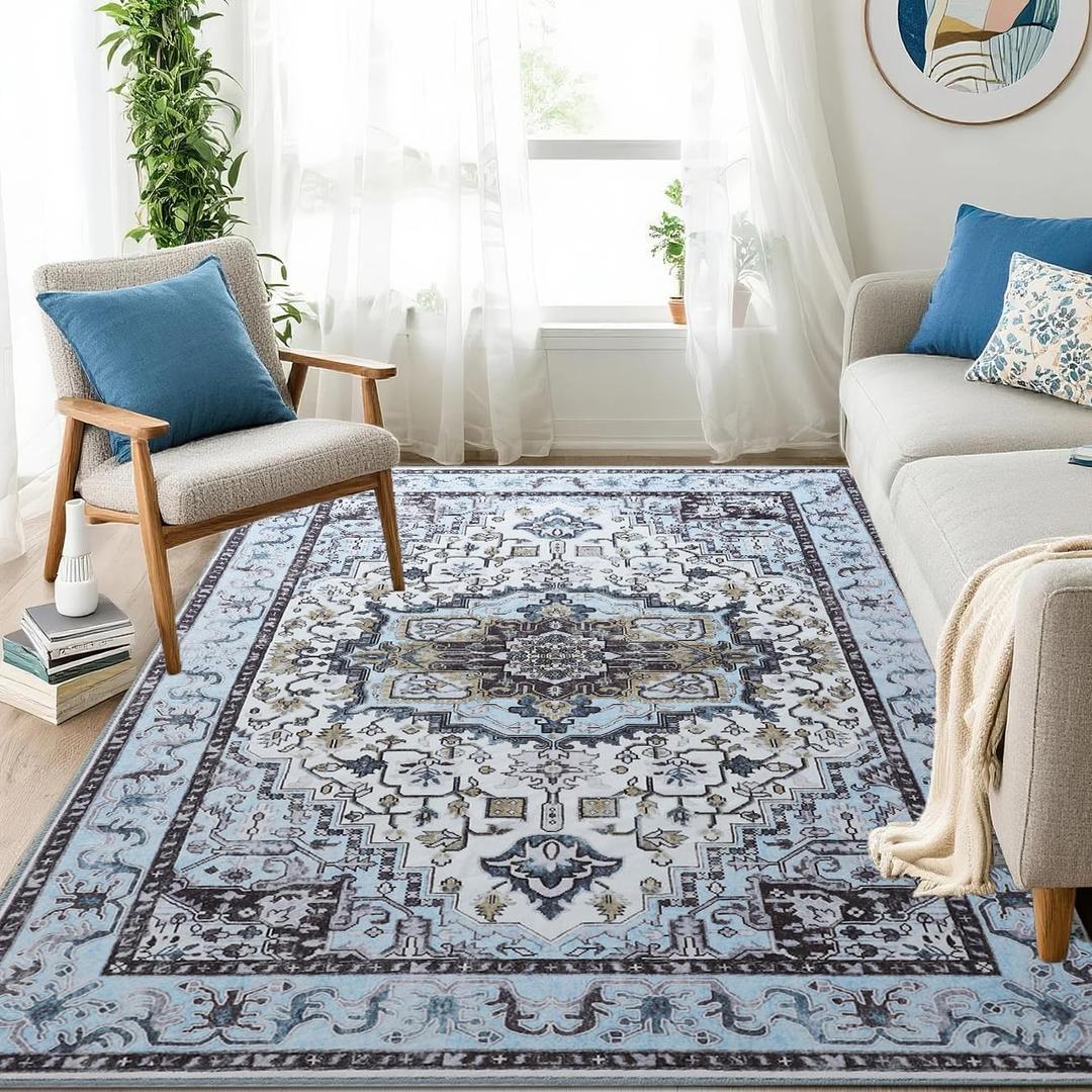 Washable Area Rugs 5x7, Low Pile Soft Vitnage Distressed Rug for Bedroom, Living Room, Dining Room, Non-Slip, Low Pile, Blue