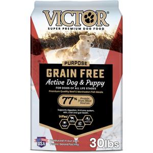 VICTOR Super Premium Dog Food High Protein Grain Free Active Dog & Puppy Kibble Dry Food with 33% Protein, Gluten-Free - Premium Beef, Pork, Fish Meals for High Energy Dogs, 30lbs BBD: 04/07/2027
