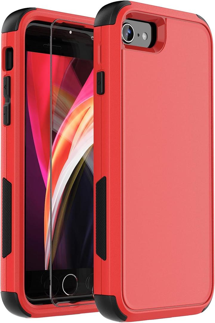 for iPhone SE 2022(3rd Gen)/iPhone SE 2020 (2nd Gen)/iPhone 7 Case/iPhone 8 Case with Screen Protector 3 in 1 Heavy Duty Shockproof Shock-Resistant Case for iPhone 7/8/SE 4.7 inch (RedBlack)