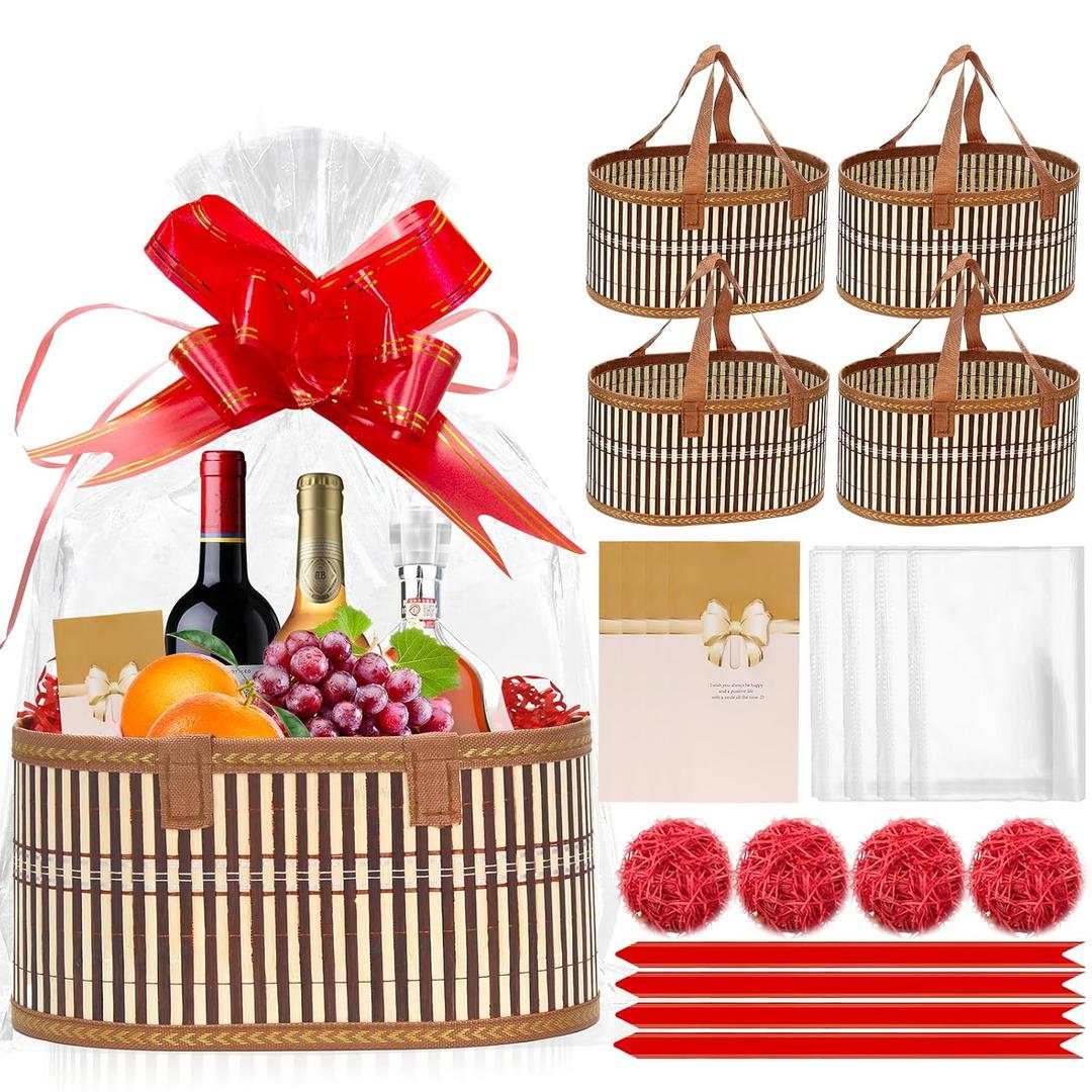 4 Set Large Bamboo Gift Baskets Empty, Foldable Woven Storage Basket with Handle, Gift Basket Kit with Wrap, Bows & Cards, Empty Gift Baskets to Fill for Baby Shower, Wedding, Holiday Gifts (Oval)