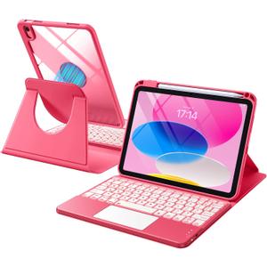 Harvopu for iPad 10th/11th Generation A16 Case with Keyboard, 360 Rotation Detachable Cover with Pencil Holder, Multi-Touch Trackpad, 7 Colors Backlit Keyboard for iPad (A16)/10th Gen (Pink)