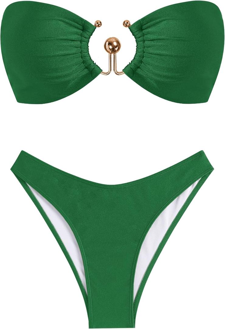 ZAFUL Womens Bandeau Bikini Set Metallic Sparkly O Ring Lace Up Tie Side High Cut Tanga Sexy Bathing Suit Swimwear (Large, A-deep Green)