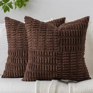 Patchwork Throw Pillow Covers Set of 2 Striped Soft Corduroy Square Decorative Couch Pillow Cases Boho Accent Farmhouse Home Decor for Bed Sofa Living Room, Brown, 18x18-Inch