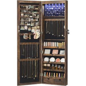 SONGMICS 6 LEDs Mirror Jewelry Cabinet, 47.2-Inch Tall Lockable Wall or Door Mounted Jewelry Armoire Organizer with Mirror, 2 Drawers, 3.9 x 14.6 x 47.2 Inches, Rustic Brown UJJC93CB