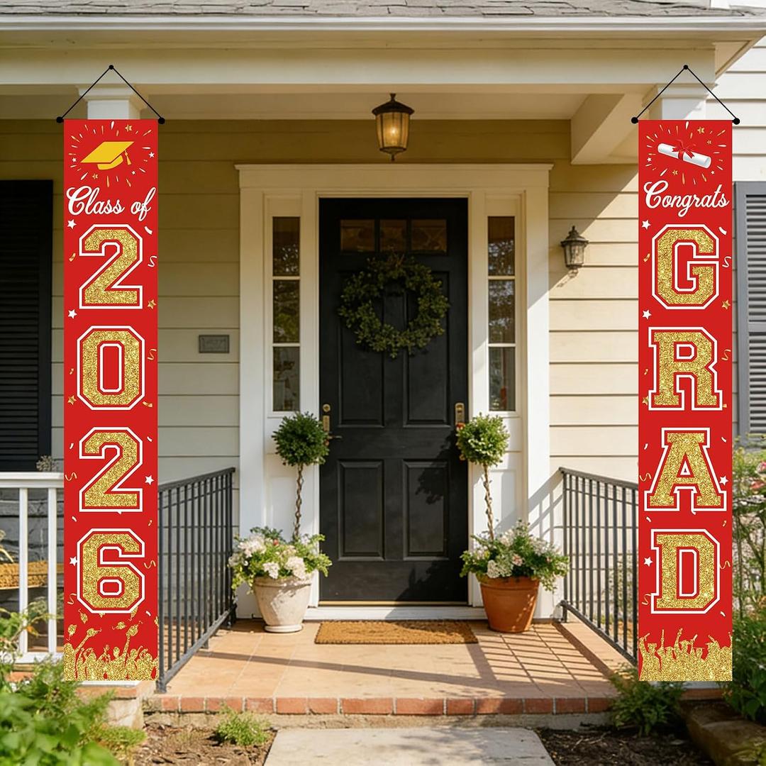 2 x Congrats Grad Banner - Red Graduation Banner Class of 2026 - Congratulations Banner for Graduation Decorations 2026 - Class of 2026 Banner for Graduation Party Decorations Supplies