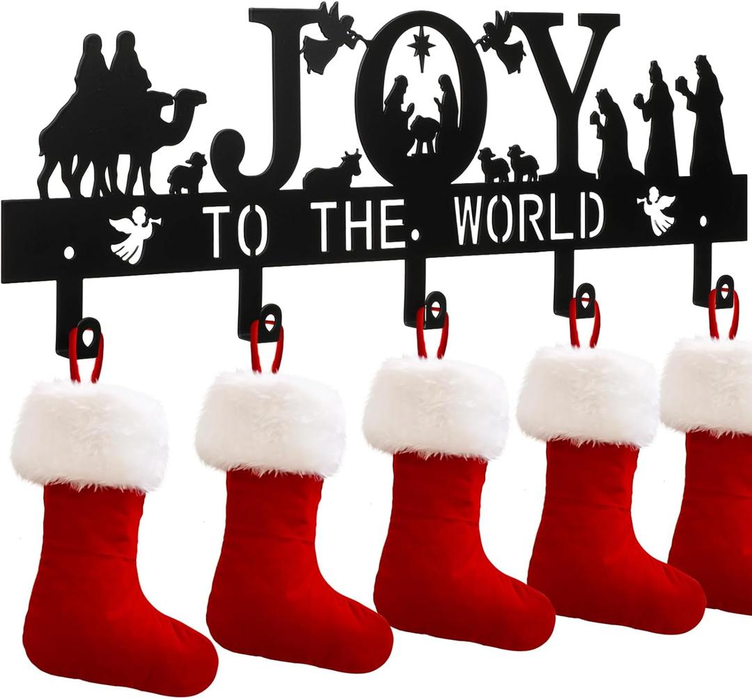 Cinnvoice Nativity Christmas Stocking Holder for Wall with 5 Hangers Metal Christmas Stocking Wall Hanger Mantel Rack Hanging Mount Hook for Holiday Xmas Fireplace Decoration, Black (Joy)