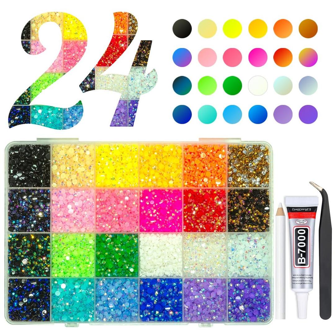 20000PCS 24 Color Jelly Resin Rhinestones w B7000 Glue for Bedazzling Crafting 3mm 4mm Flatback Rainbow Stones Colorful AB Gems Diamonds Charms Bedazzler Kit for Nails Eyes Face Makeup Beauty