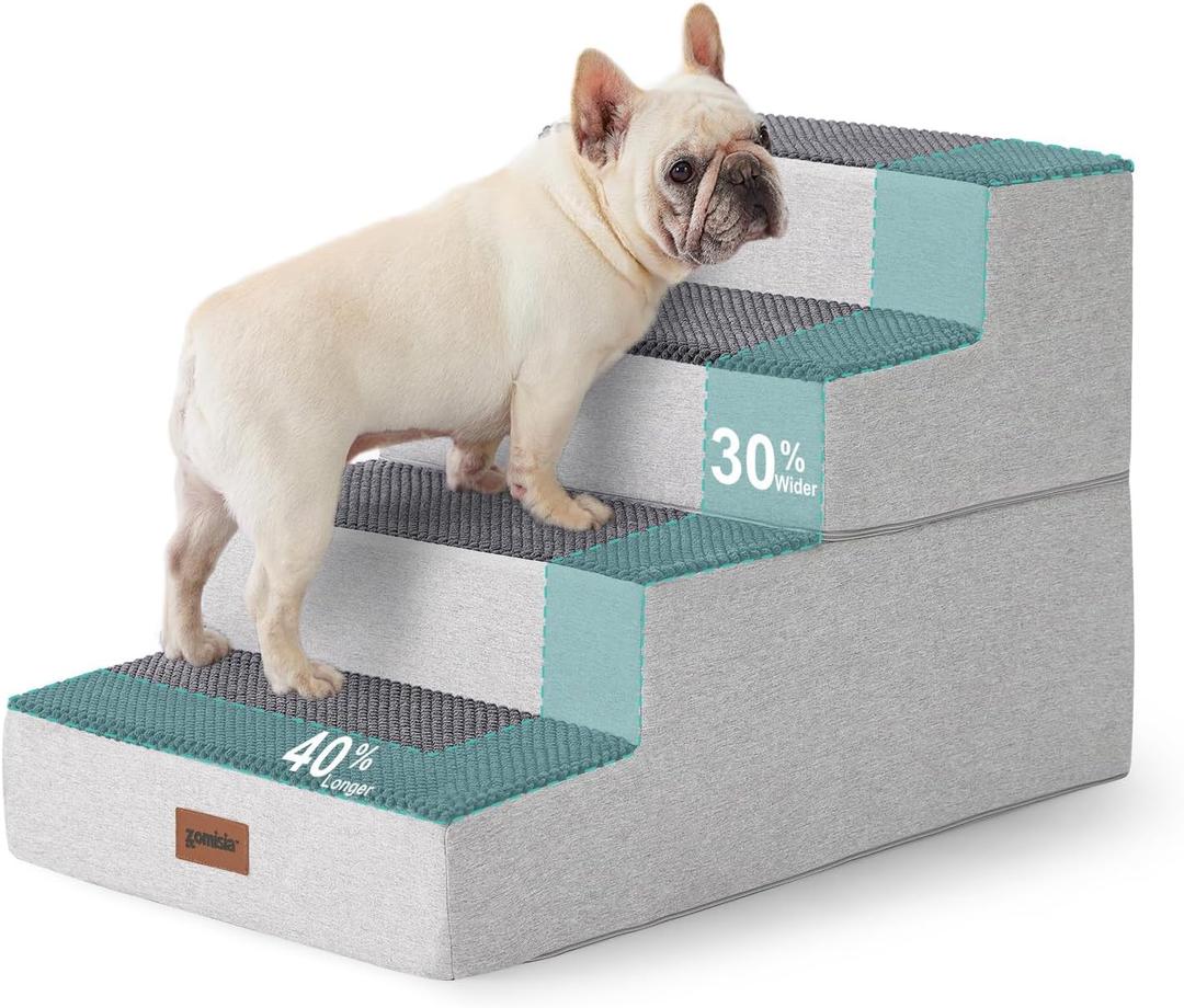 ZOMISIA Dog Stairs for Large Dogs - Extra Wide Pet Stairs 2 in 1 with Zippers Suitable for Couch and Bed, 35D Foam Dog Steps with Non Slip Bottom Grey 4 Steps, Grey