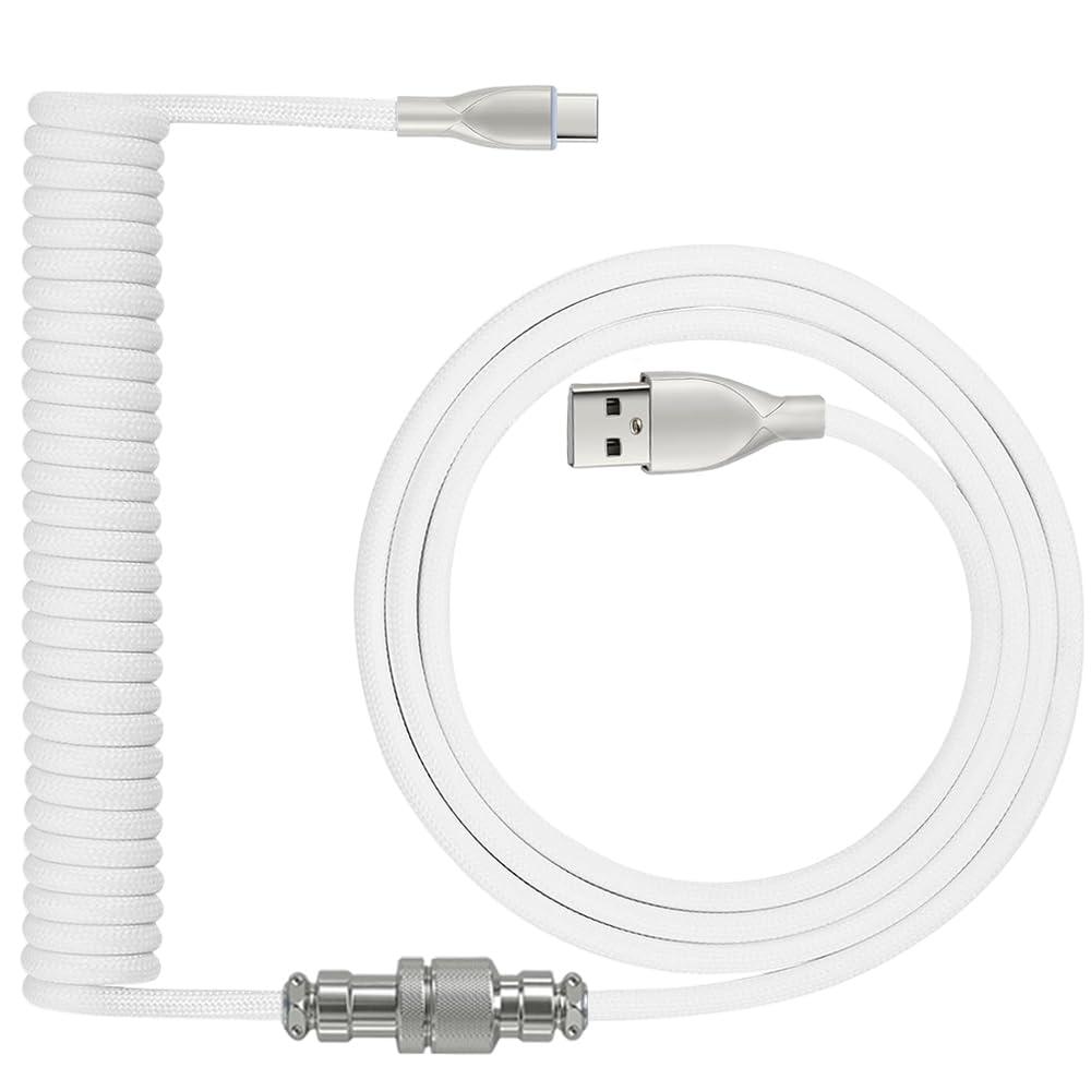 Coiled Keyboard Cable: 1.5M USB-C to USB-A Braided Cord with Detachable Aviator Connector, Durable & Tangle-Free for Custom & Mechanical Gaming Keyboards (White)
