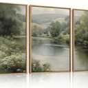 Aurlan Vintage Green River Landscape Framed Canvas Wall Art Set-16"x24"x3 | Large Rustic Countryside Stream Meadow Wall Decor,Misty Natural Valley Scenery Artwork for Living Room,Bedroom,Farmhouse