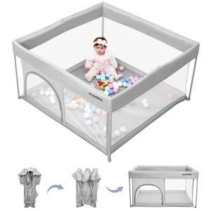 Foldable Baby Playpen 50"50", Out-of-the-Box Ready Playpen for Babies and Toddlers, Portable Play Yard with Breathable Mesh & ASTM F406 Certified(Light Grey)