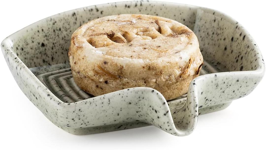 Self Draining Soap Dish, Ceramic Drain Soap Holder Waterfall Design Soap Saver for Shower, Bathroom, Sink, Kitchen and Countertop, Keeps Dry, Speckled Glaze (Rectangular)