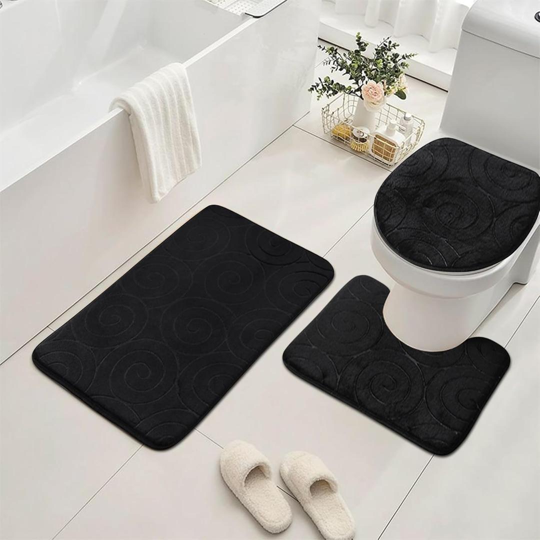 Bathroom Rug Sets 3 Piece, Memory Foam Non Slip Bathroom Rug, Toilet Rugs U Shaped Washable, Soft Absorbent Bath Mats for Bedroom, Kitchen, Black (1'8" x 2'8" (Rectangular))