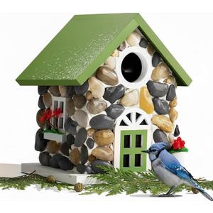 Masterpiece Bluebird House for Outside Clearance,Hanging Bird House for Outdoor, Stone Villa, River Pebbles Birdhouse for Outside, Garden Statue Solid Wood Longtime Lasting, Post Pole Mountable (Old World Green)