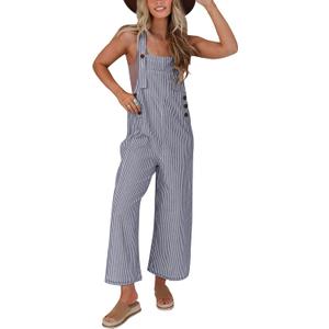 PRETTYGARDEN Overall Jumpsuit For Women 2025 Summer Casual Wide Leg Sleeveless Button Striped Jumpsuits Trendy Outfits (XX-Large)