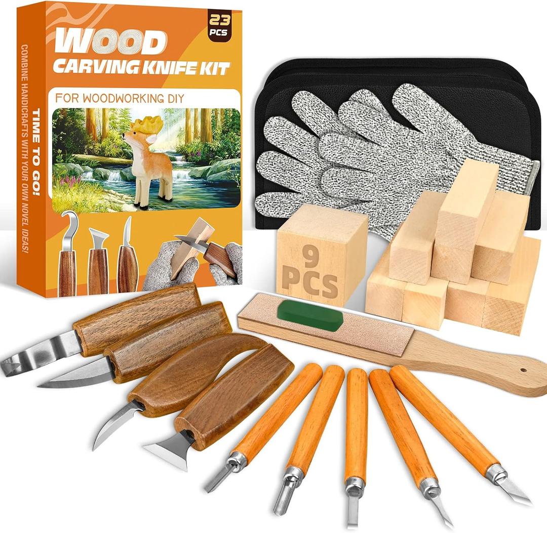 Wood Carving Kit, 23pcs Wood Carving Tools with 4 Wood Carving Knives 5 Detail Knives 9 Blocks, Whittling Kit DIY Hobbies for Adults