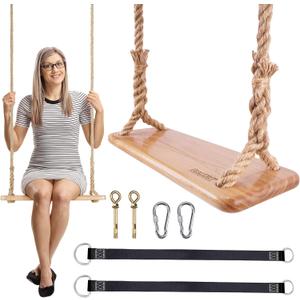 Hanging Wooden Swing, 24"x 8"x 1.2" Tree Swing for Adults and Kids with 500lbs Load, Adjustable Hemp Rope Plus Tree Straps 147 inch, Wood Swing Set Seat for Outdoor and Indoor Use