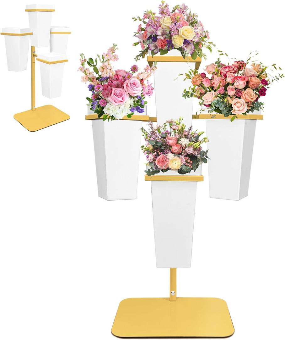 PROLEE Flower Display Stand with Buckets, Wedding Flower Cart Display Stand with Wheels,Flower Stand for Wedding Party, Events and Garden Decor (White) (Gold)