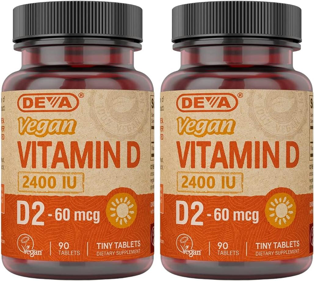 DEVA Vegan Vitamin D2 60 mcg 2400 IU, Ergocalciferol Supplement with No Animal Ingredients, 90 Tablets (Pack of 2)