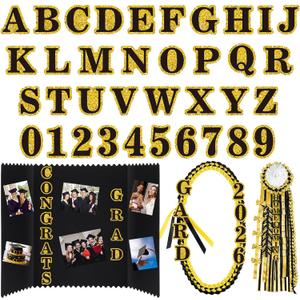 72 Pcs Glitter 2026 Graduation Letters Numbers Cardstock Shiny Crafts Alphabet with Adhesive Dots for Graduation Trifold Photo Board Grad Leis Homecoming Mums DIY Supplies(Black Gold)