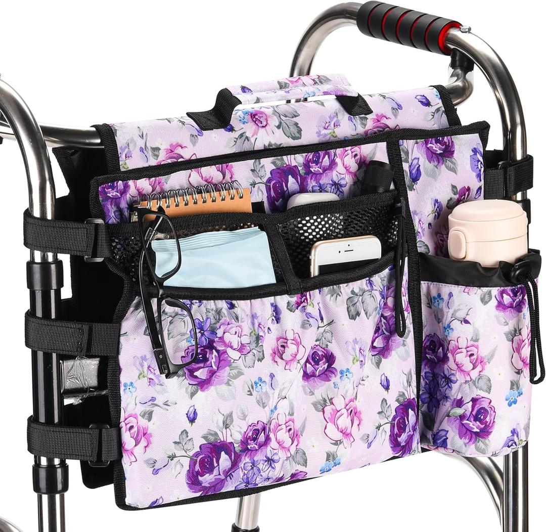 Walker Accessories for Folding Walker Double Sided Walker Bag with Cup holer Organizer Pouch Storage Tote for Rollator Carrying