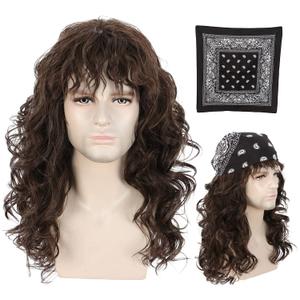 karlery Men Long Brown Wave Wig with Bandana 80s Heavy Metal Punk Rocker Costume Wig Eddie Wig Cosplay Party Wig