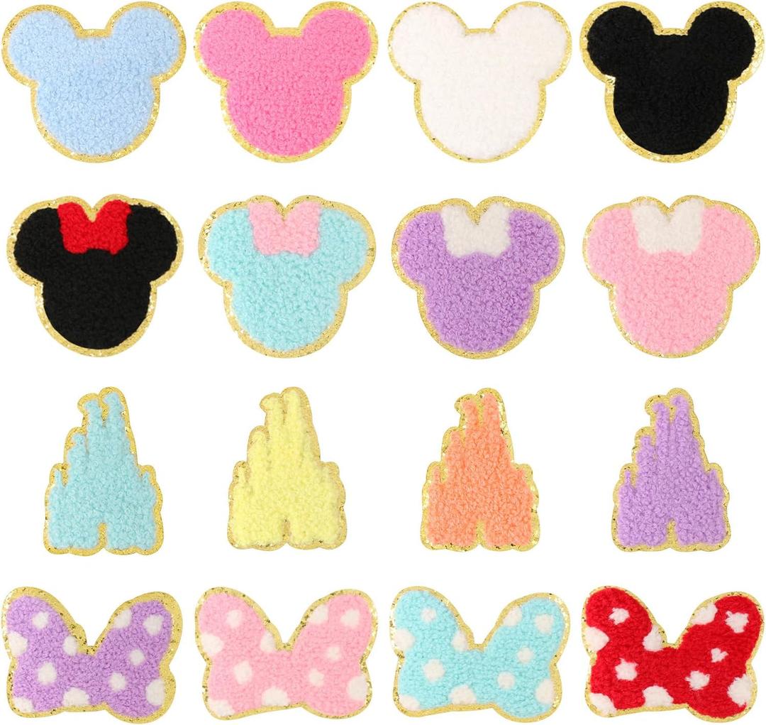 16 Pcs Chenille Bear Patches, EVERMARKET Cute Iron on Bear Bows Castle Patches Chenille Embroidered Applique Patch for Clothing Sew on Glitter Trimmed Decorative Patch for DIY Decors