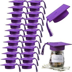 24 Pcs Graduation Cap Decorations Mason Jar Lid with Tassels 4.2 Inch Grad Hat Large Mason Can Toppers for Graduation Party table (Purple)  