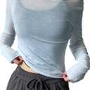 QJQ Women's Sheer Mesh Off The Shoulder Tops Long Sleeve See Through Shirts Going Out Party Club Outfits (Light Blue), Small