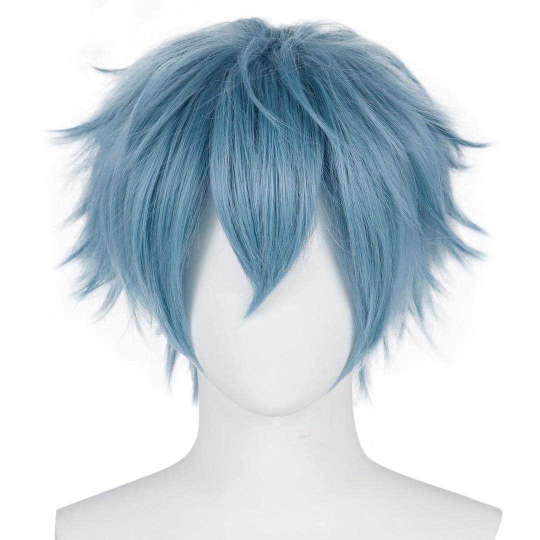 BESTBEL+Hair Cap Short Ligth Blue Messy Wig for Men Short Messy Wig Blue Synthetic Anime Hero Hair for Halloween Cosplay Mens Cosplay Outfit for Costume Party