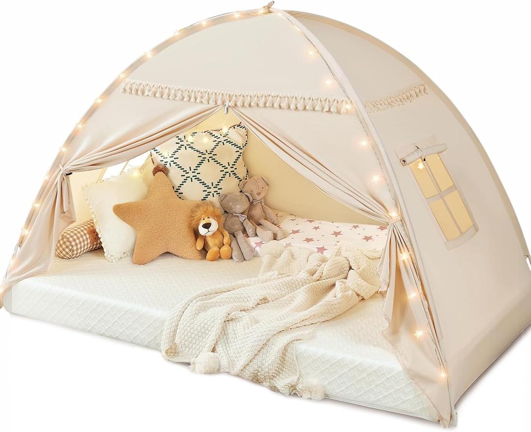 Toddler Canopy Lights & Flags Indoor Floor Bed Kids Tent Playhouse Portable & Foldable Twin Bunk Bed Curtains Girls & Boys House Bedroom Privacy Space Sleeping Tents Gifts Golden Beige Large Size (75x40x46"(Suggested for Twin))