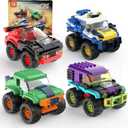 4 Pack Monster Truck Micro Brick Building Blocks Set, Pull Back Car Toy Vehicles Set, Birthday Party Favor or Gift for Teens Ages 8+ Kids