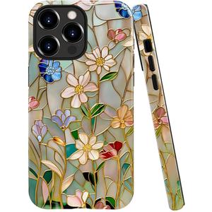 Case Compatible with iPhone 13 Pro Max, Fall Prevention Bright Hybrid 2-Layer Hard Shell Phone Case for Girls Boys, Stained Glass Bloom Flower