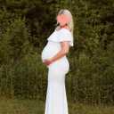 Glampunch Womens Off Shoulder Maternity Dress Ruffles Elegant Slim Gowns Fit Maxi Photography Dress (White, M)