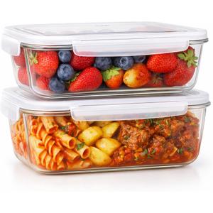 Levietti 2-Pack Borosilicate Glass Food Storage Containers with Lids 35oz (1040 ml)  Airtight Leakproof Meal Prep Containers, BPA-Free Snap Lock Lids, Oven Microwave Freezer Dishwasher Safe