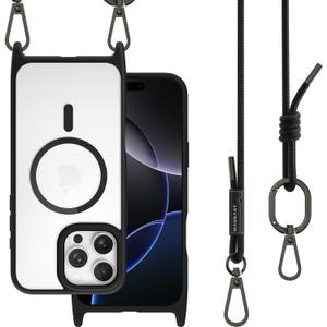 MAGEASY Case for iPhone 16 Pro Max 6.9" - Case with Crossbody Strap, 16ft Drop Protection, Compatible with MagSafe | Roam M (Black)