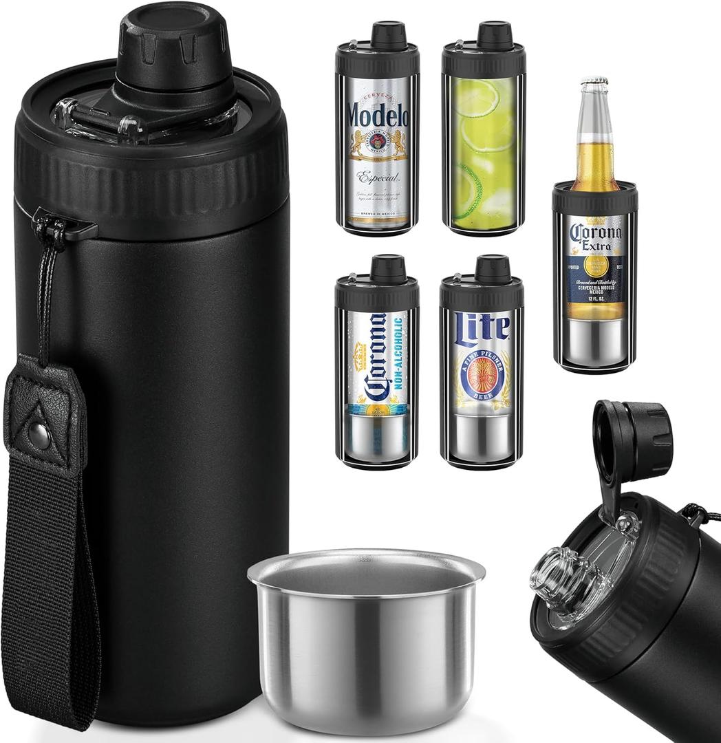 5-in-1 Insulated Can Cooler with Fizz Lid, 12 & 16 oz Slim Can Cooler for Beer&Soda, Stainless Steel Can Holder for Regular Universal Bottles (Black)