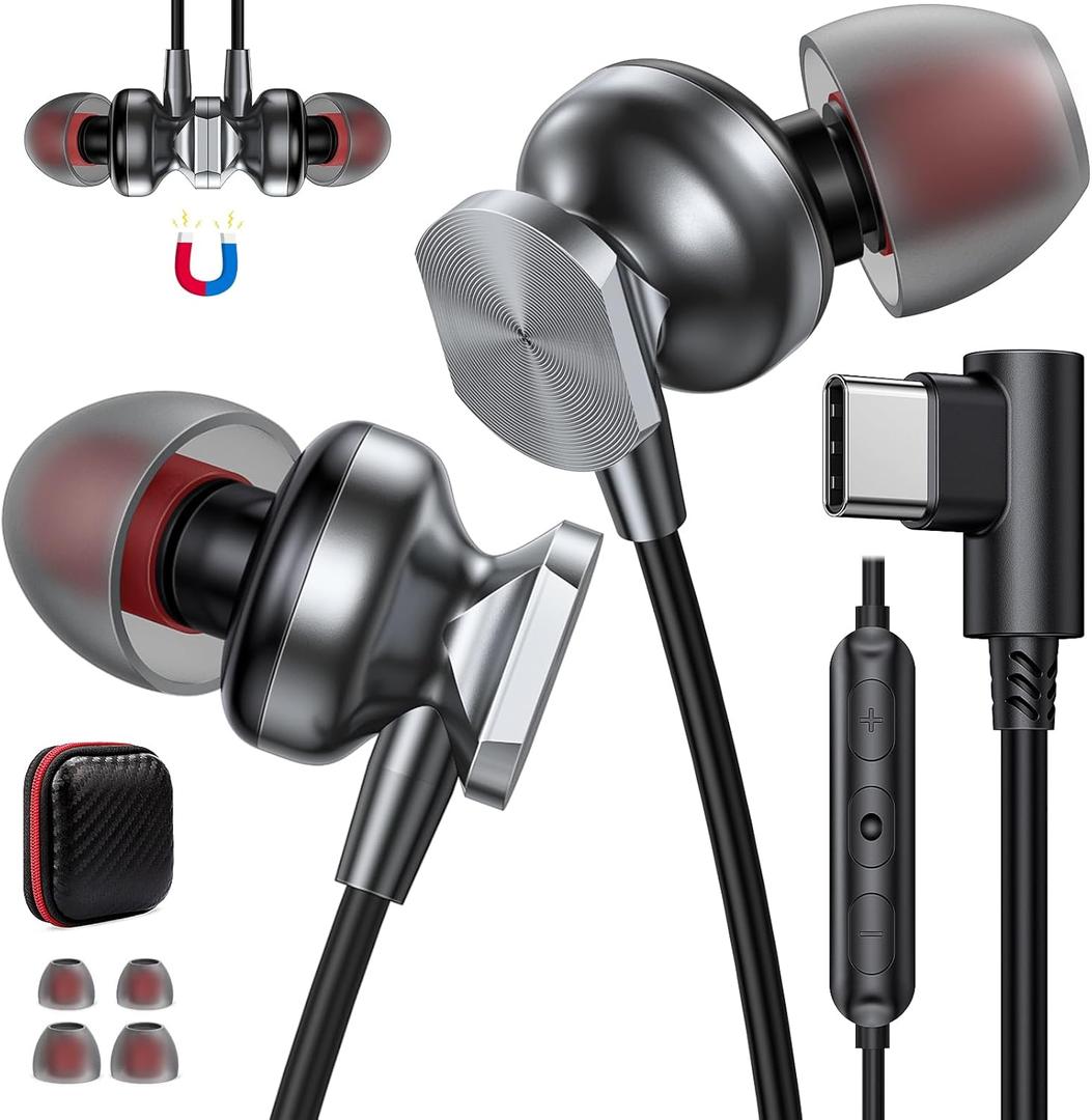 USB C Headphones Wired for MacBook iPad Pro, Type C Earphones with Microphone HiFi Stereo Magnetic in Ear Wired Earbud for Samsung S25 S24 Ultra S23 FE S22+ iPhone 17 16 15 Pro Max Plus Pixel 10 9 8