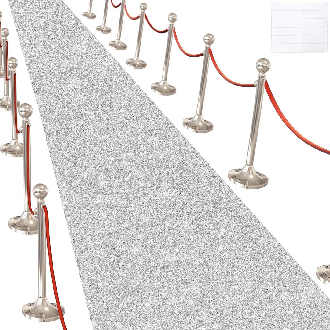 Glitter Carpet Runner for Party -200 GSM Thickness Non-Woven Fabric Runner Rug with Adhesive Tape, Hollywood Carpet for Event, Aisle Runner for Wedding Ceremony (Glitter Silver, 2.6FTx15FT)