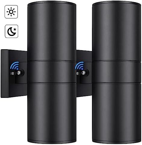 Modern Outdoor Wall Light with Dusk to Dawn Sensor, Exterior Light Fixture Wall Mount Waterproof Anti-Rust Cylinder, Up and Down 2 Lights Black Sconces for Porch Patio House Outside Entryway, 2-Pack