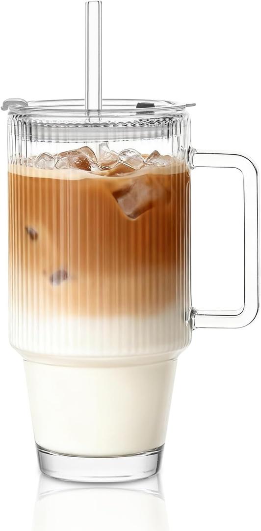 KEMORELA 24 Oz Ribbed Glass Tumblers with Lids and Straws, Tumbler Cup with Handle, Iced Coffee Glassware, Clear Reusable Drinkware for Smoothies and Beverages (1)
