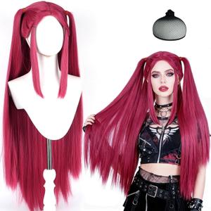 Long Straight Hot Pink Cosplay Wig with 2 Ponytails - Synthetic Anime Red Wigs for Halloween, Carnival, Costume Parties, Women Adults