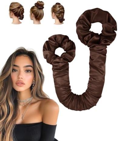 BONNET QUEEN Large Satin Heatless Hair Curler for Long Thick Hair, All-in-One Overnight Curling Rod, Heatless Curls Bun with Built-in Scrunchies, Day-to-Night Styling for Sleep, Travel & Gym, Brown