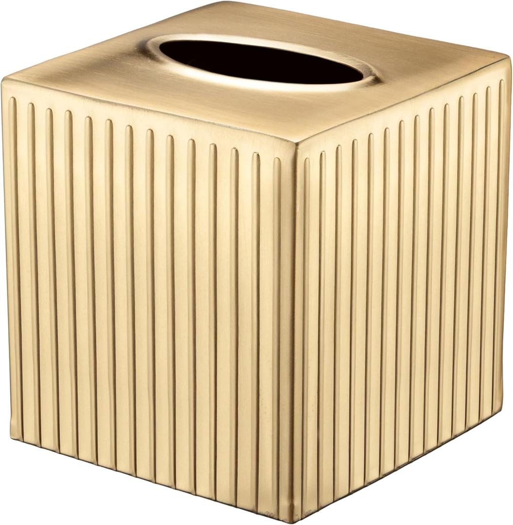 Monarch Abode Tissue Box Cover Square Handcrafted Ridge Embossed Brushed Gold Metal Tissue Holder Box for Bathroom Accessory, Aesthetic Decorative Facial Napkin Cube for Modern Home Decor