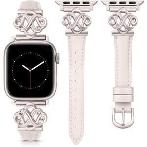 Wearlizer Slim Leather Band Compatible with Apple Watch Bands Women 38/40/41/42/44/45/46/49mm, Fancy Dressy Designer Thin Strap with Celtic Knot for iWatch Series 11 10 9 8 7 6 5 4 3 SE/Ultra 3 2 1 (Starlight)