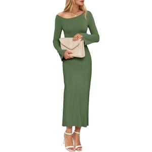 Wenrine Womens Fall Off The Shoulder Bodycon Sweater Dress 2025 Formal Long Sleeve Elegant Cocktail Party Maxi Dresses (Green)