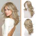 Haloo Blonde Layered Wigs with Curtain Bangs Lace Front Hairline Long Wavy Natural Looking Middle Part Synthetic Hair Wig for Women Daily Party Costume, 20 Inch Dirty Blonde