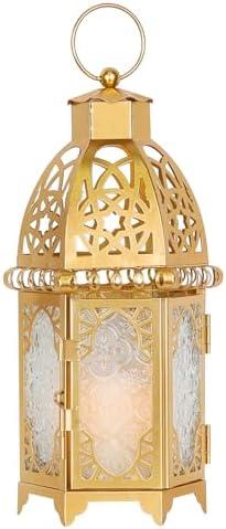 DECORKEY Moroccan Lanterns Decorative Indoor & Outdoor, 11’’ Medium Size Golden Metal Hanging&Tabletop Candle Holder Decor, Halloween Christmas Ramadan Decorations for Home Porch Patio (Golden)