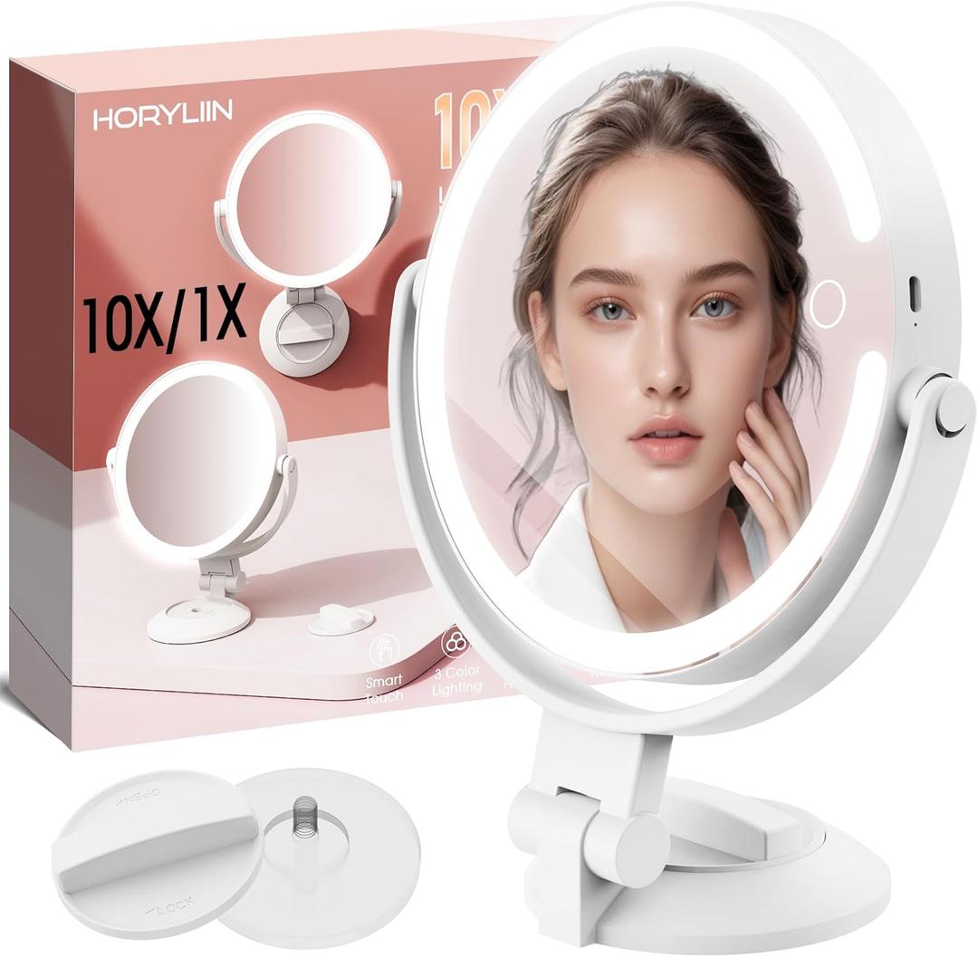 10X/1X Makeup Mirror with Lights and Magnification, 7.1 Wall Mounted Desktop Double-sided Magnifying Mirror with Suction Cup, 360Swivel Rechargeable Travel Vanity Mirror with 3 Colors & Dimmable (White)